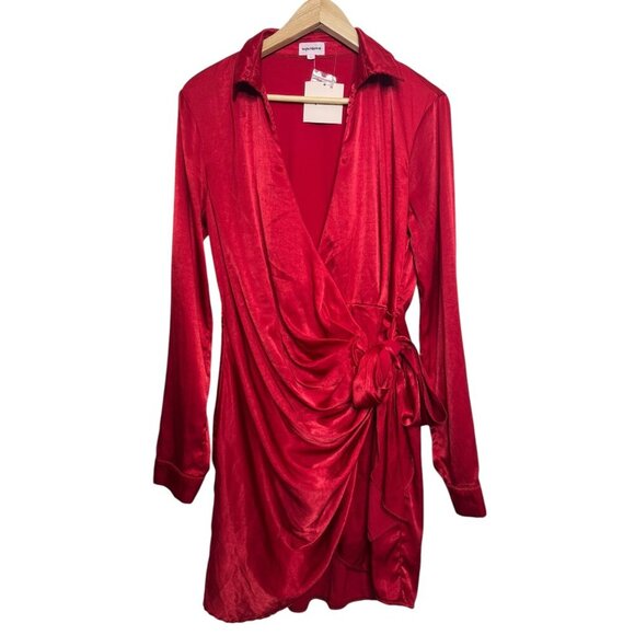 NWT Superdown Red Satin Wrap Dress Size L – Long Sleeve Mini Party Dress with Ti - Picture 1 of 2